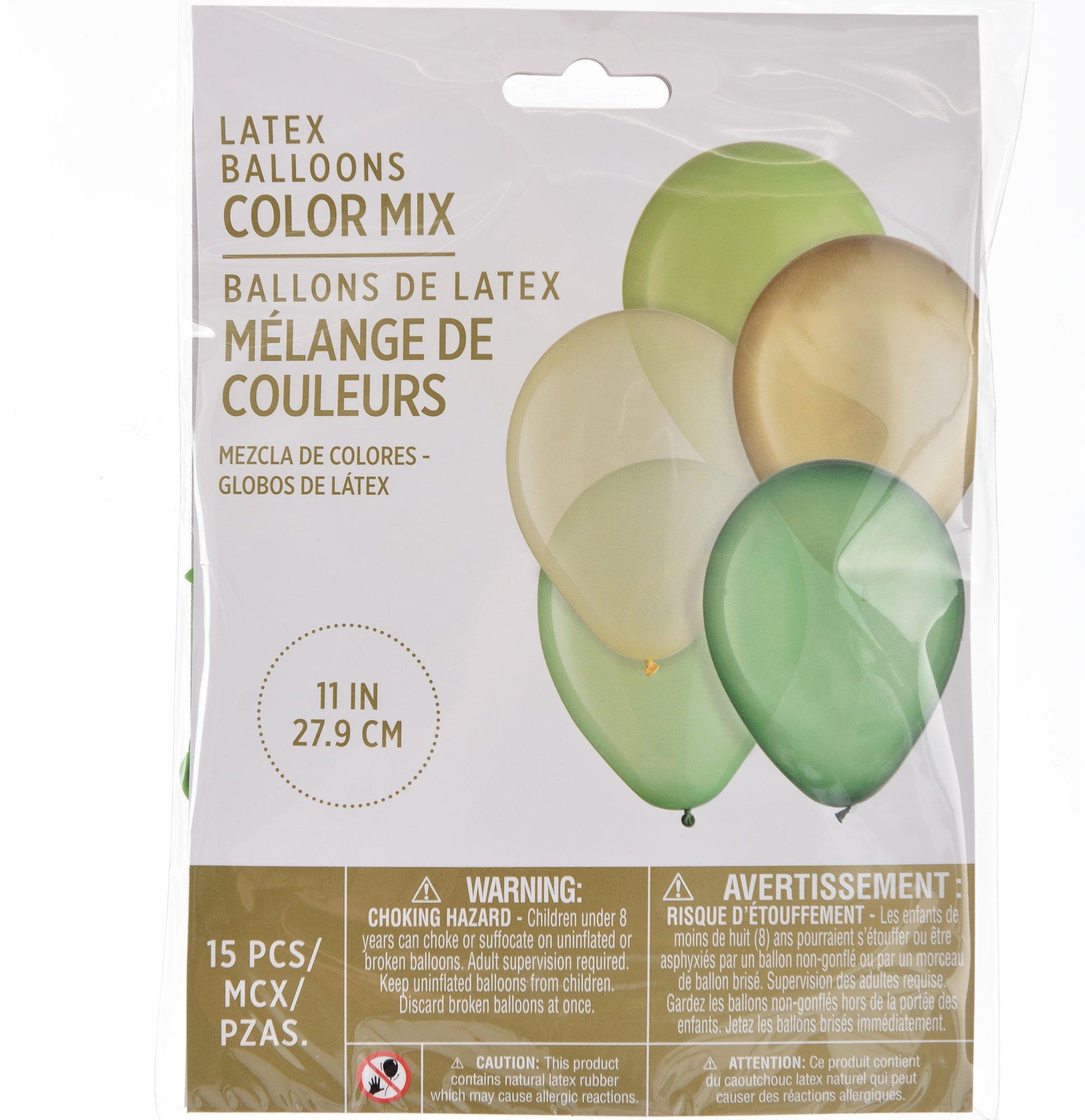 15ct, 11in, Natural 5-Color Mix Latex Balloons - Greens, Gold & White