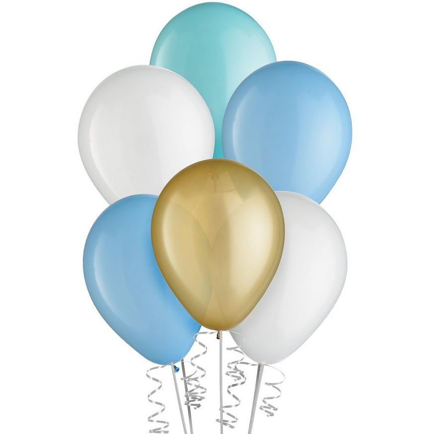 15ct, 11in, Pastel Blue 4-Color Mix Latex Balloons - Blues, Gold & White