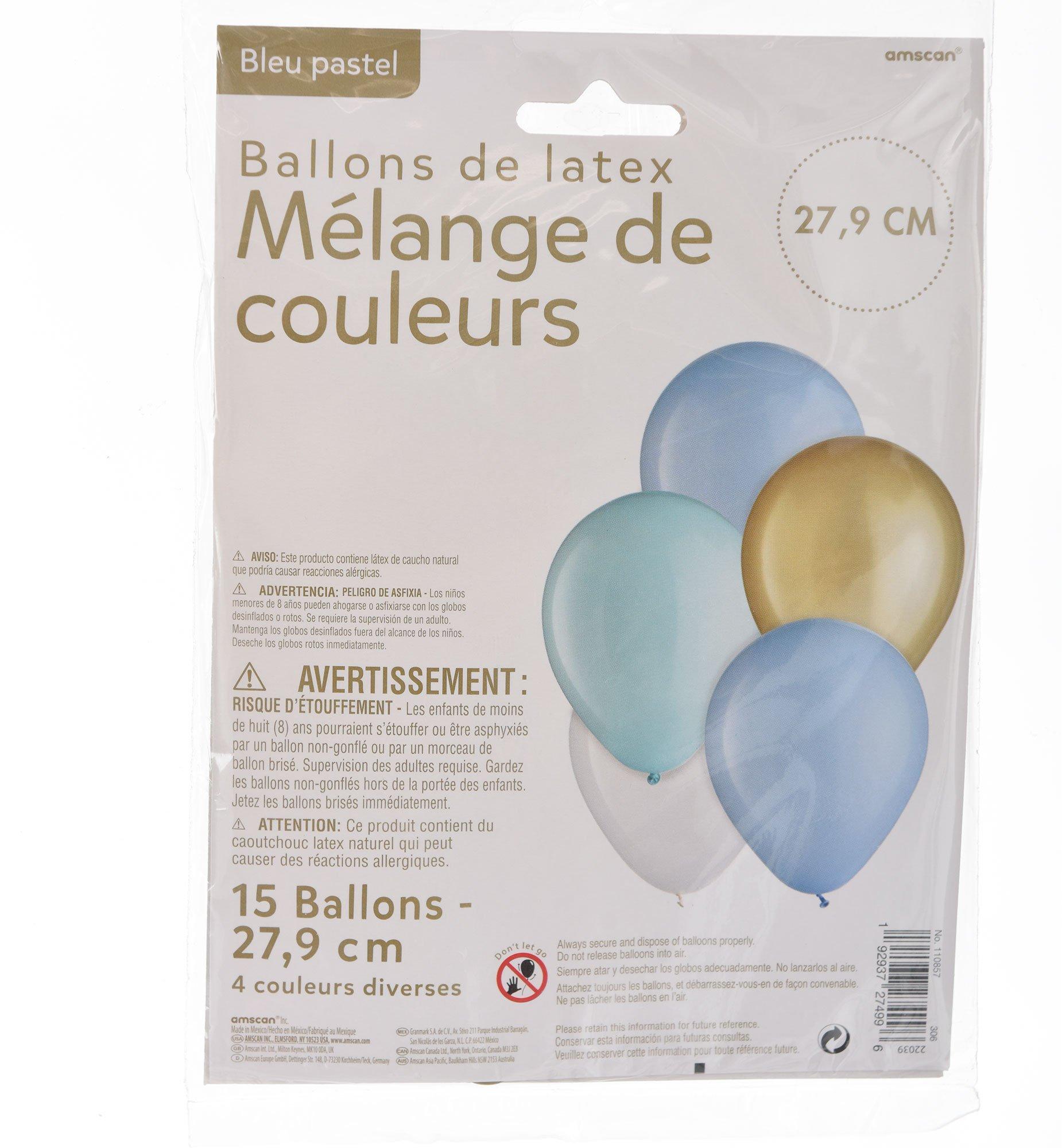 15ct, 11in, Pastel Blue 4-Color Mix Latex Balloons - Blues, Gold & White