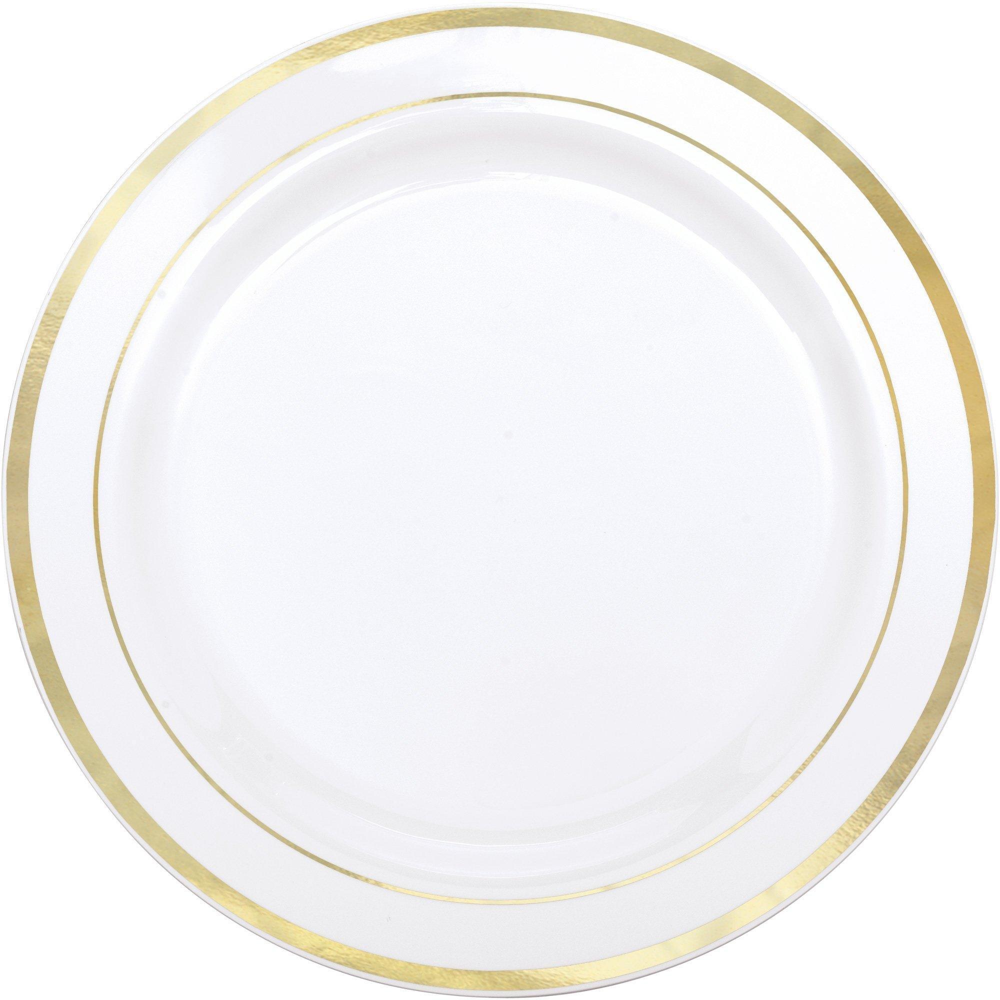 10.5 Disposable Fancy White Plastic Dinner Plates Gold Rim