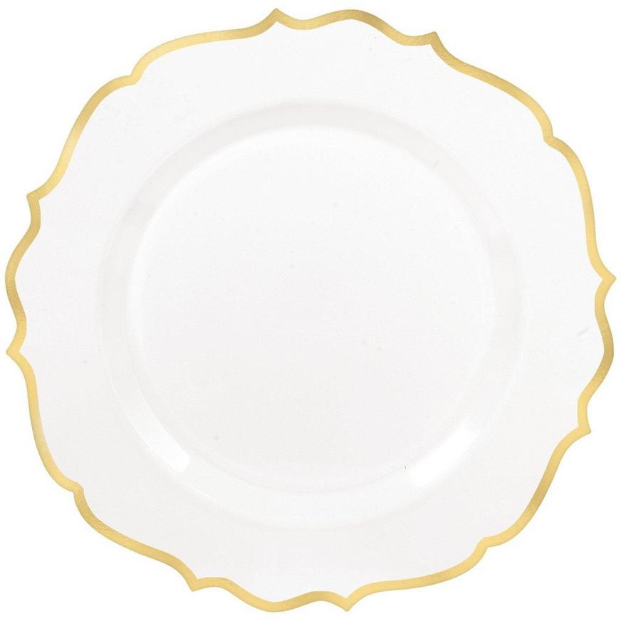 White With Ornate Gold Rim Premium Plastic Dinner Plates, 10.5in, 20ct