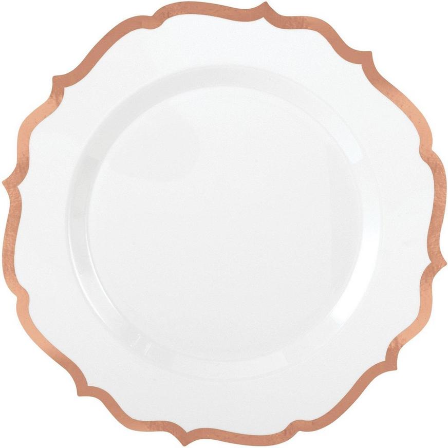 White With Ornate Rose Gold Rim Premium Plastic Dinner Plates, 10.5in, 20ct