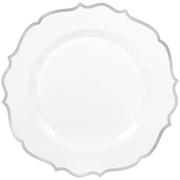 White With Ornate Silver Rim Premium Plastic Dinner Plates, 10.5in, 20ct