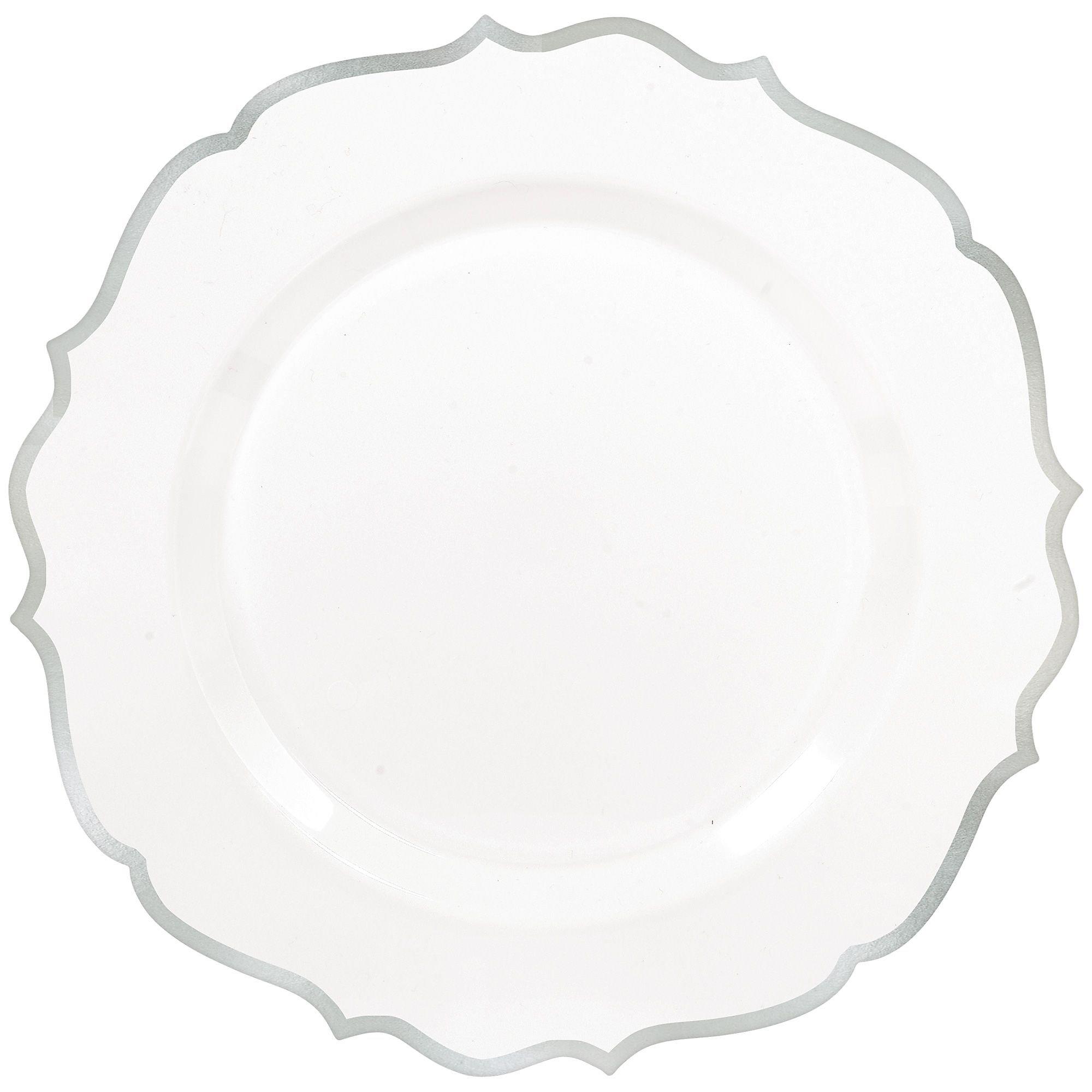White With Ornate Rim Premium Plastic Dinner Plates, 10.5in, 20ct