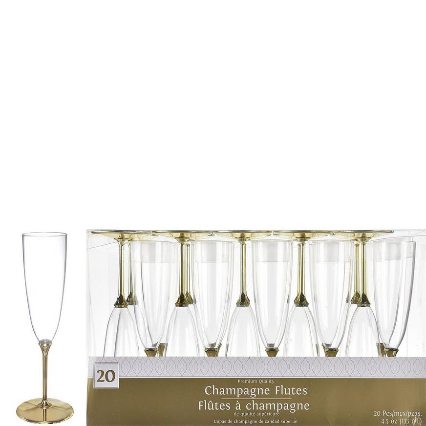 Clear Premium Plastic Champagne Flutes with Gold Stems, 4.5oz, 20ct