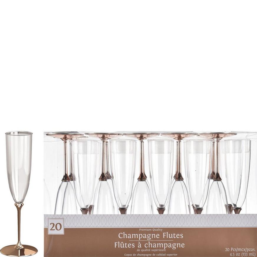Clear Premium Plastic Champagne Flutes with Rose Gold Stems, 4.5oz, 20ct
