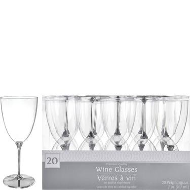 Clear Premium Plastic Wine Glasses with Silver Stems, 7oz, 20ct