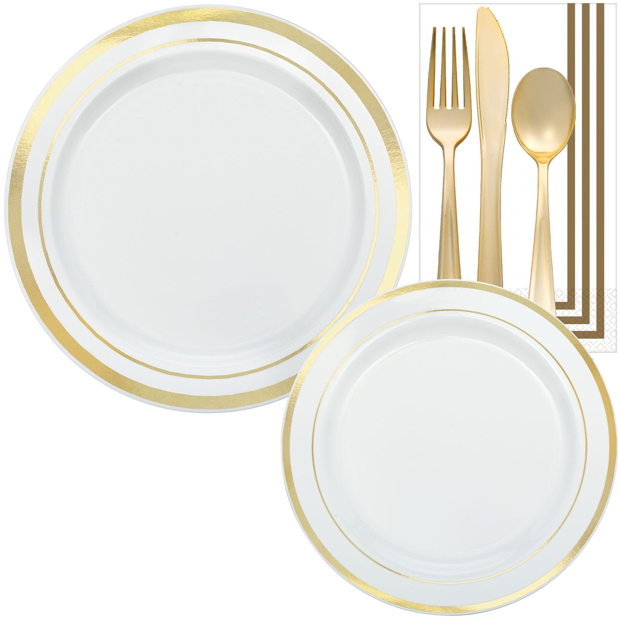 GoldTrimmed White Premium Tableware Kit for 20 Guests Party City