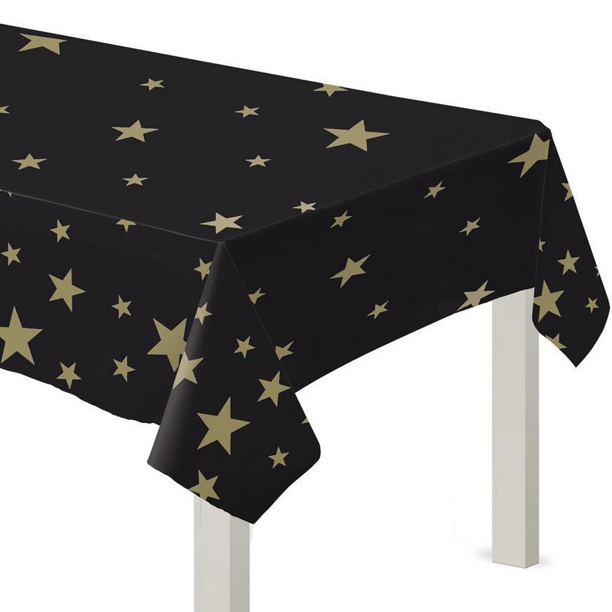 Black & Metallic Gold Star Plastic Table Cover, 54in x 108in
