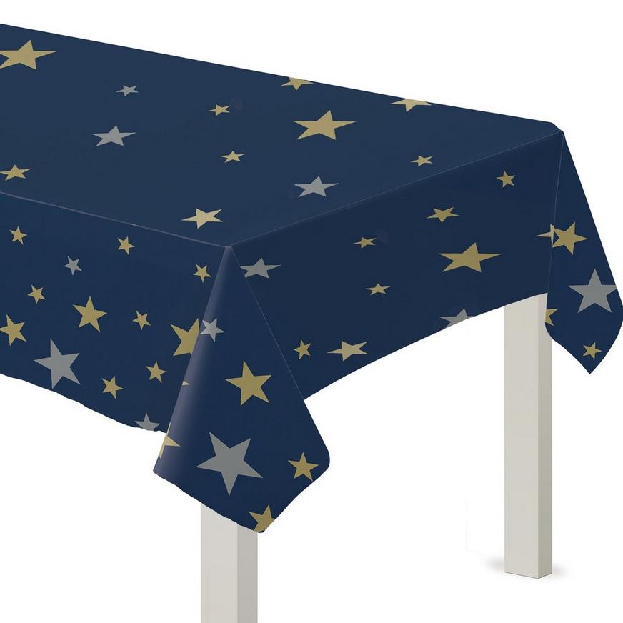 Navy, Metallic Gold & Silver Star Plastic Table Cover, 54in x 108in