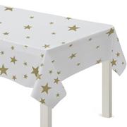 White & Metallic Gold Star Plastic Table Cover, 54in x 108in