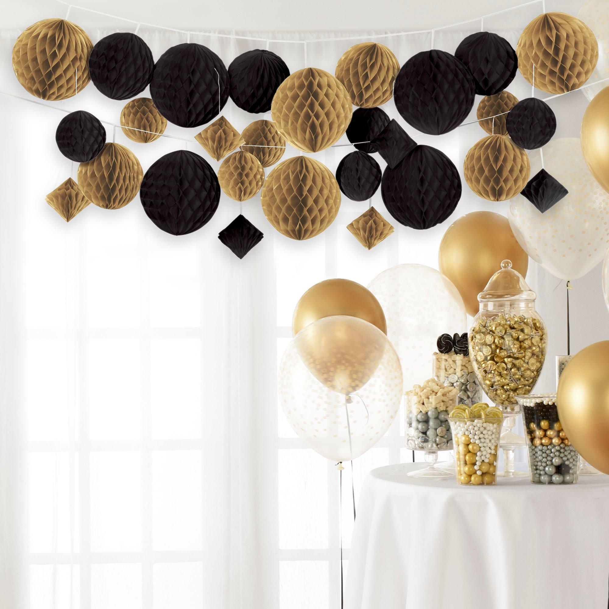 Black & Gold Honeycomb Hanging Decorations, 12ft, 29pc