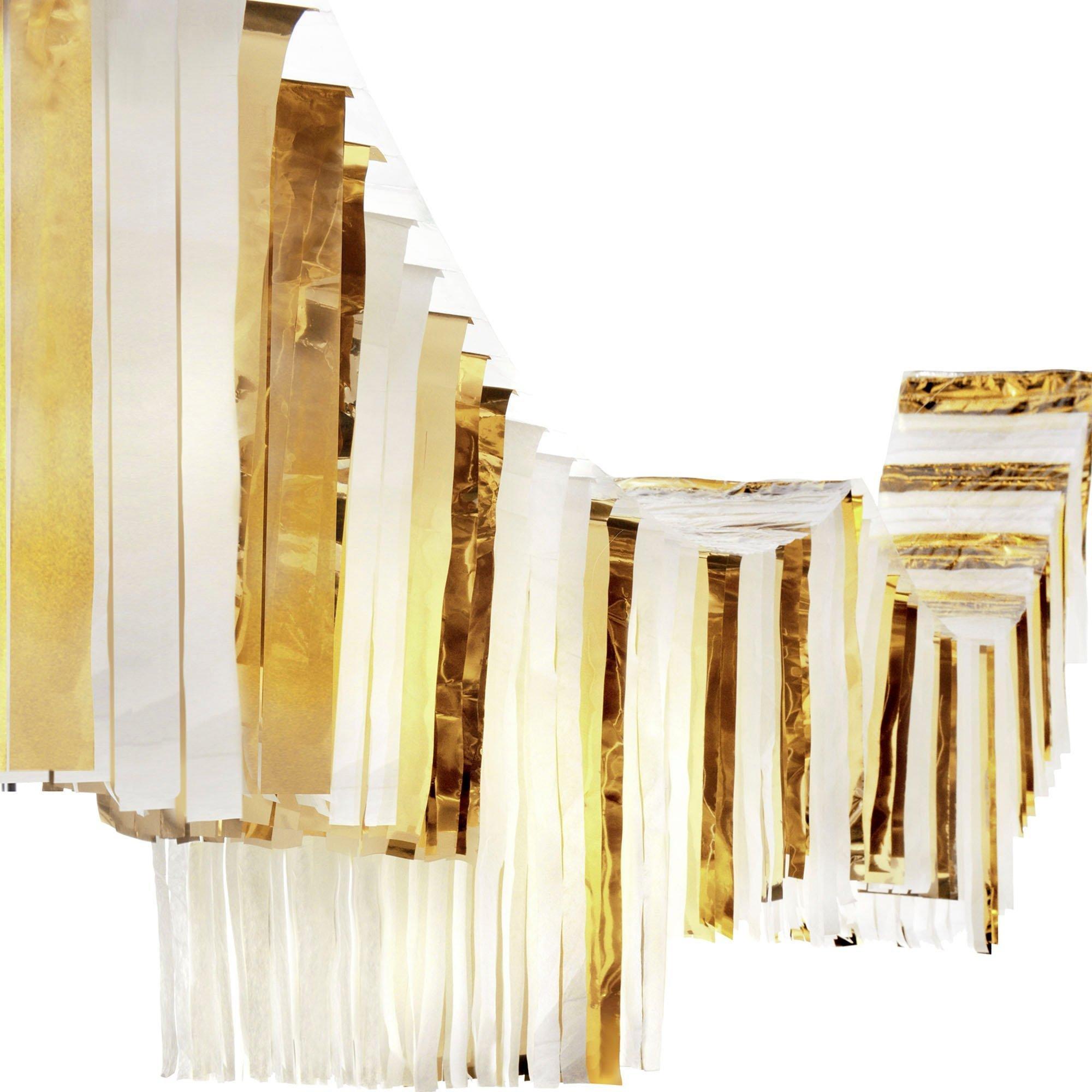 Gold & White Accordion Fringe Foil & Tissue Ceiling Decoration, 12ft