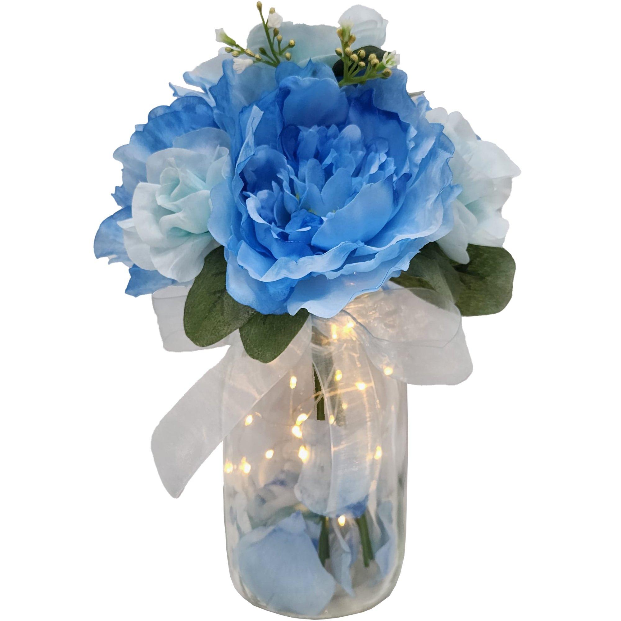 Blue Fabric Flower Bouquet in Glass Vase with Fairy Lights Party City