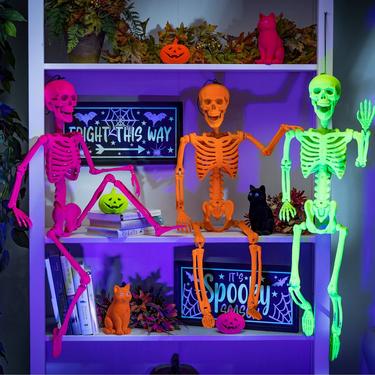 Neon Orange Black Light Reactive Plastic Skeleton Hanging Decoration, 36in