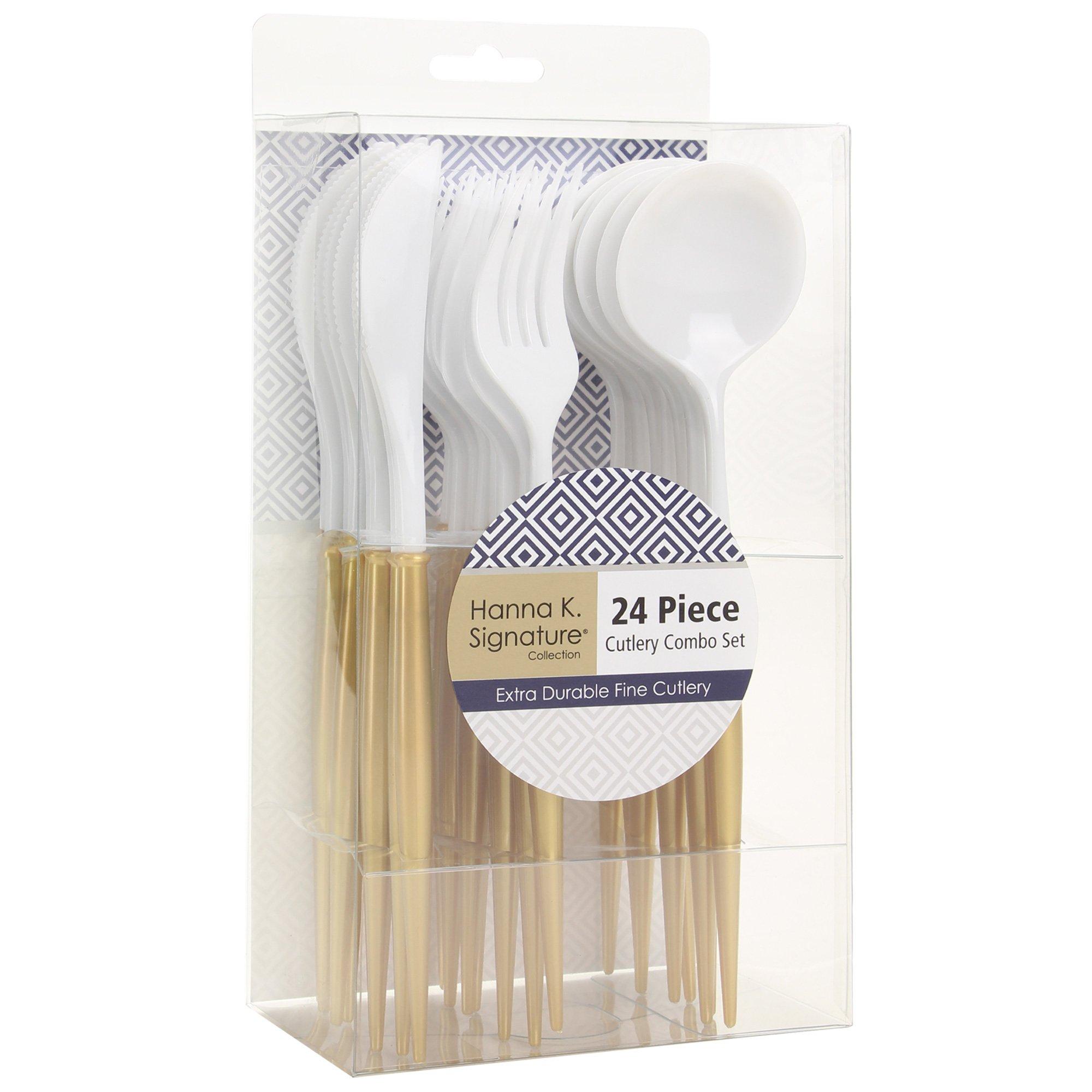 White & Gold Extra Durable Fun Cutlery Set, 24pc, Service for 8 - Hanna K. Signature Collection