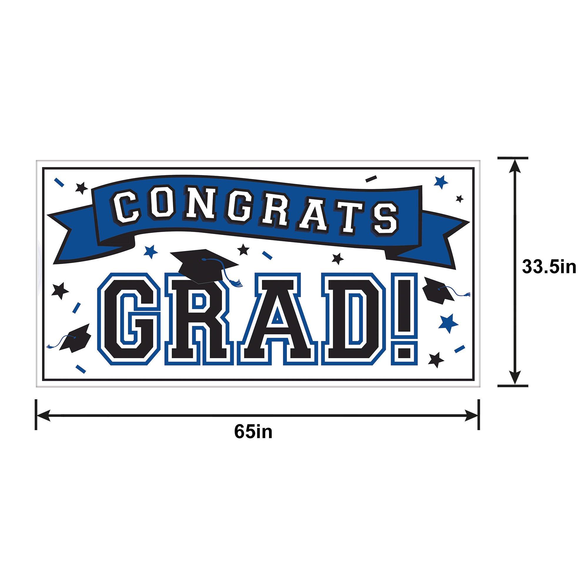 Blue Congrats Grad Plastic Horizontal Banner, 5.41ft x 2.79ft