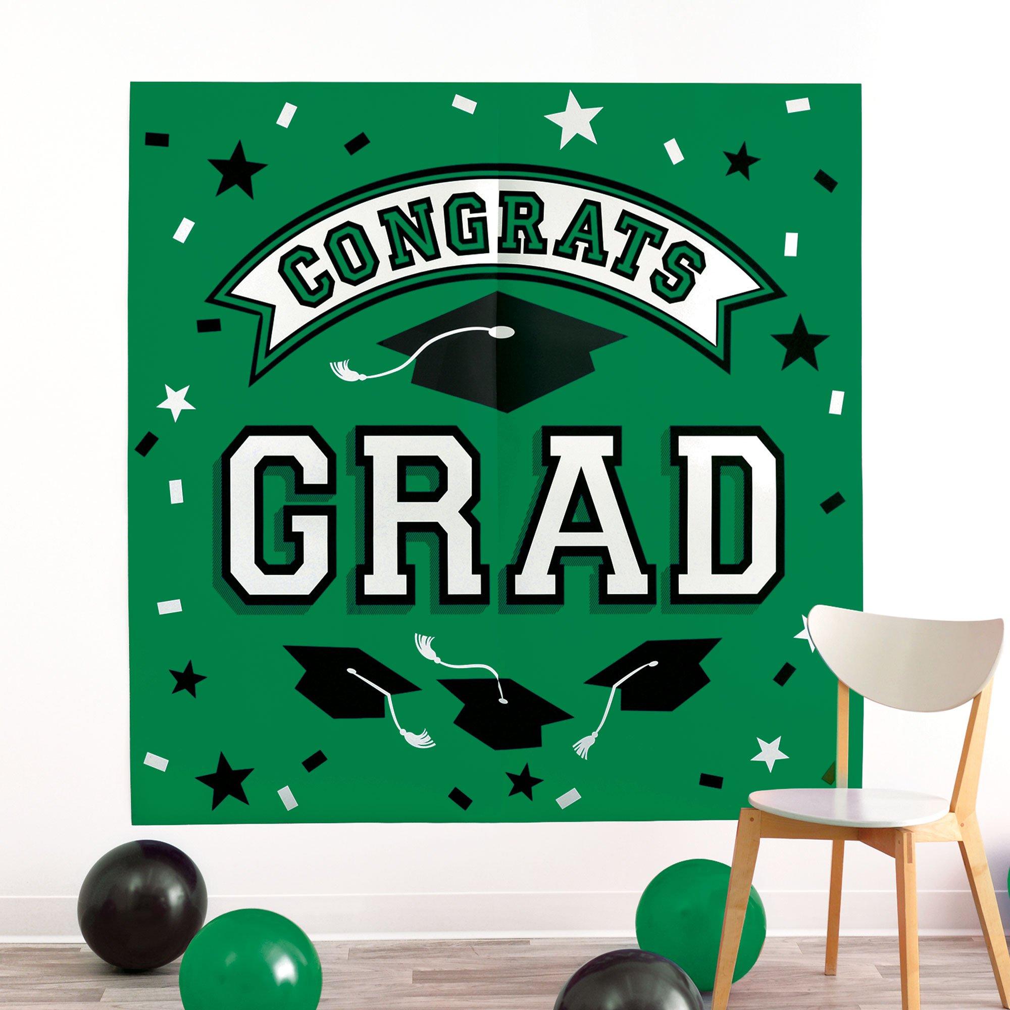 Festive Green Congrats Grad Plastic Scene Setter, 5.4ft x 5.4ft Party