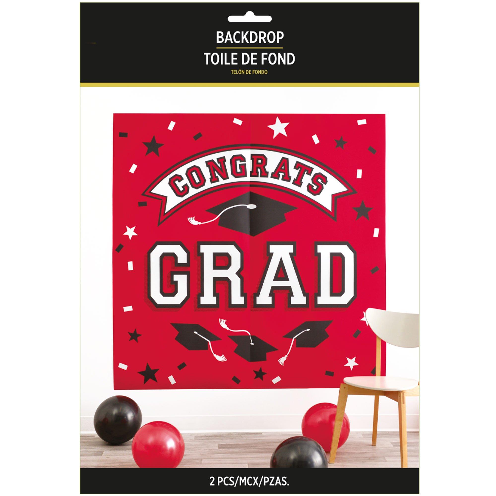 Red Congrats Grad Plastic Scene Setter, 5.4ft x 5.4ft