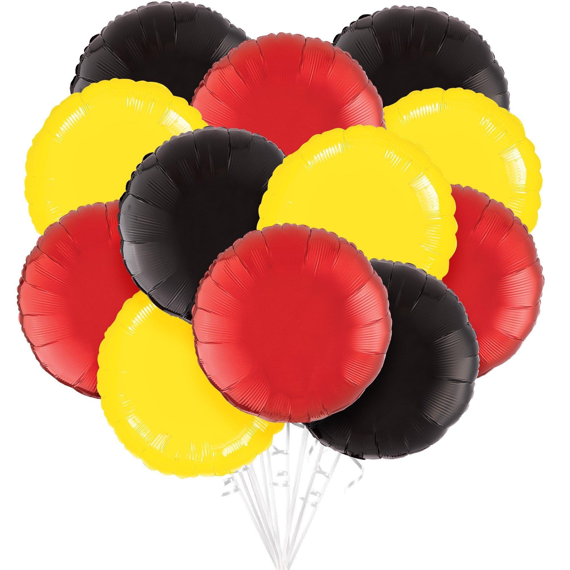 Red, Yellow, & Black Round Foil Balloon Bouquet, 12pc