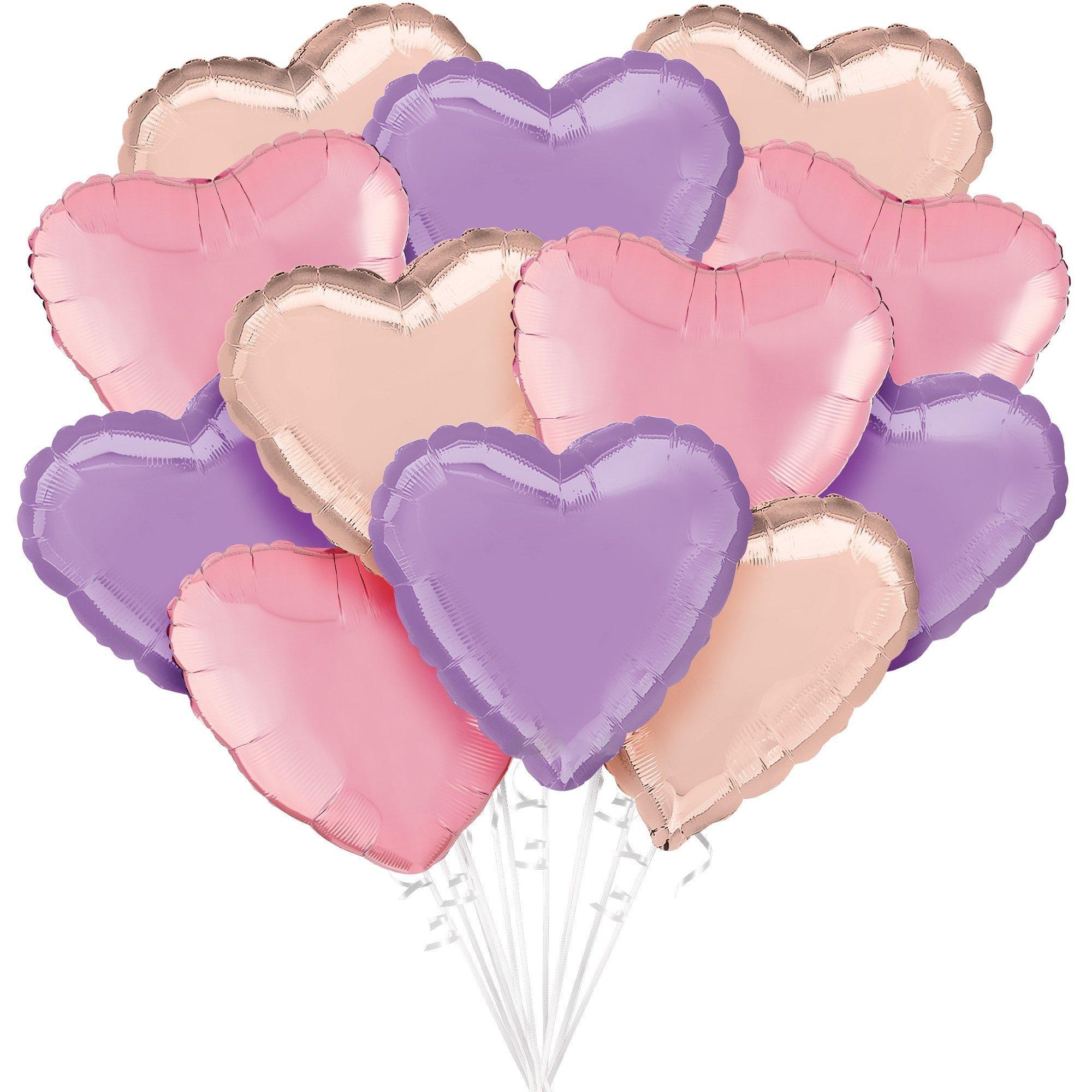 Lavender, Pink, & Rose Gold Heart Foil Balloon Bouquet, 12pc