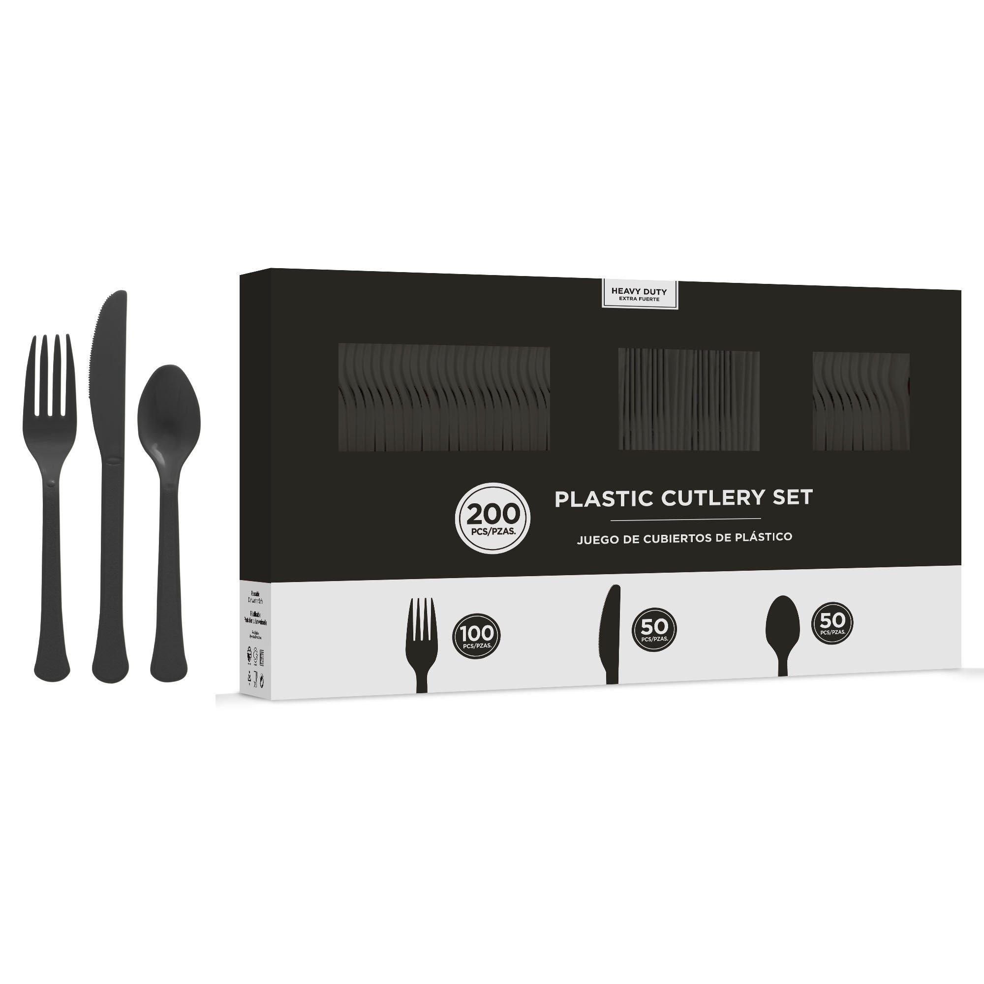 50 Pack Black Heavy Duty Plastic Utensil Set, Premium Disposable