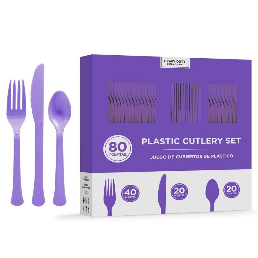 Amscan Purple Heavy-Duty Plastic Cutlery Set for 20 Guests, 80ct