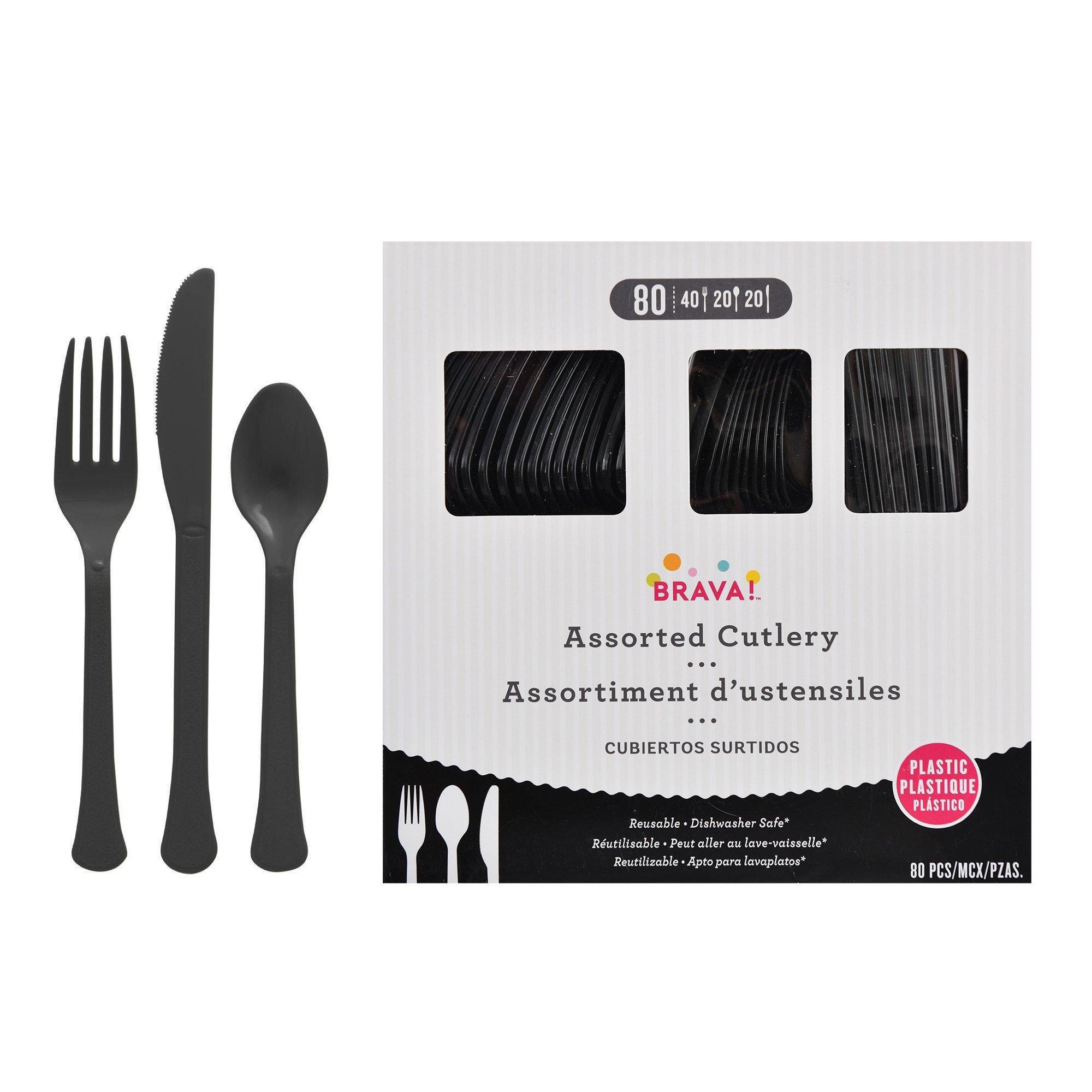 Black Plastic Cutlery Set for 20 Guests, 80ct