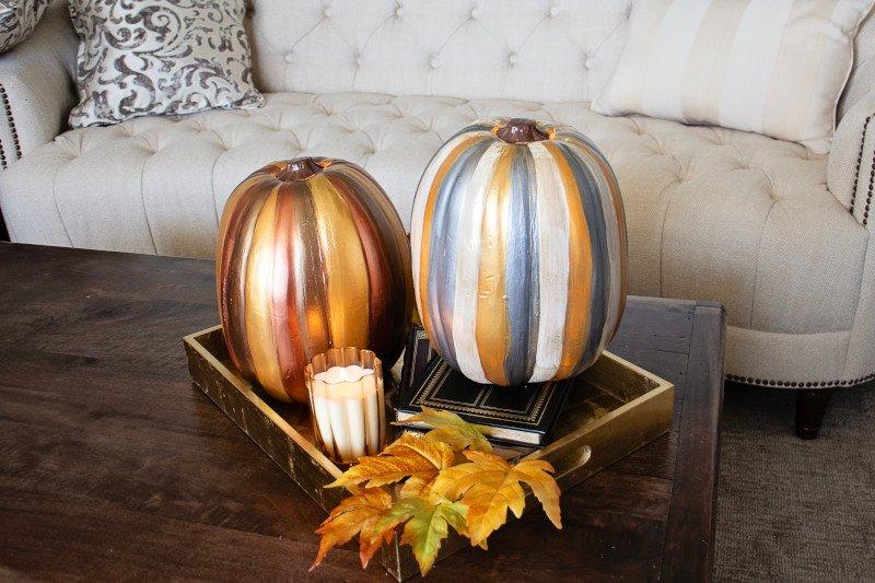 faux pumpkin decor with metallic paint