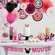 Napkins Banner Decoration Table Cover Serves 16 Dinner and Cake Plates Sticker Candles Pink Minnie Mouse Bowtique Birthday Party Supplies Set Cups 
