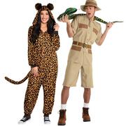 Adult Safari Guide & Zipster Leopard Print One-Piece Couples Costumes