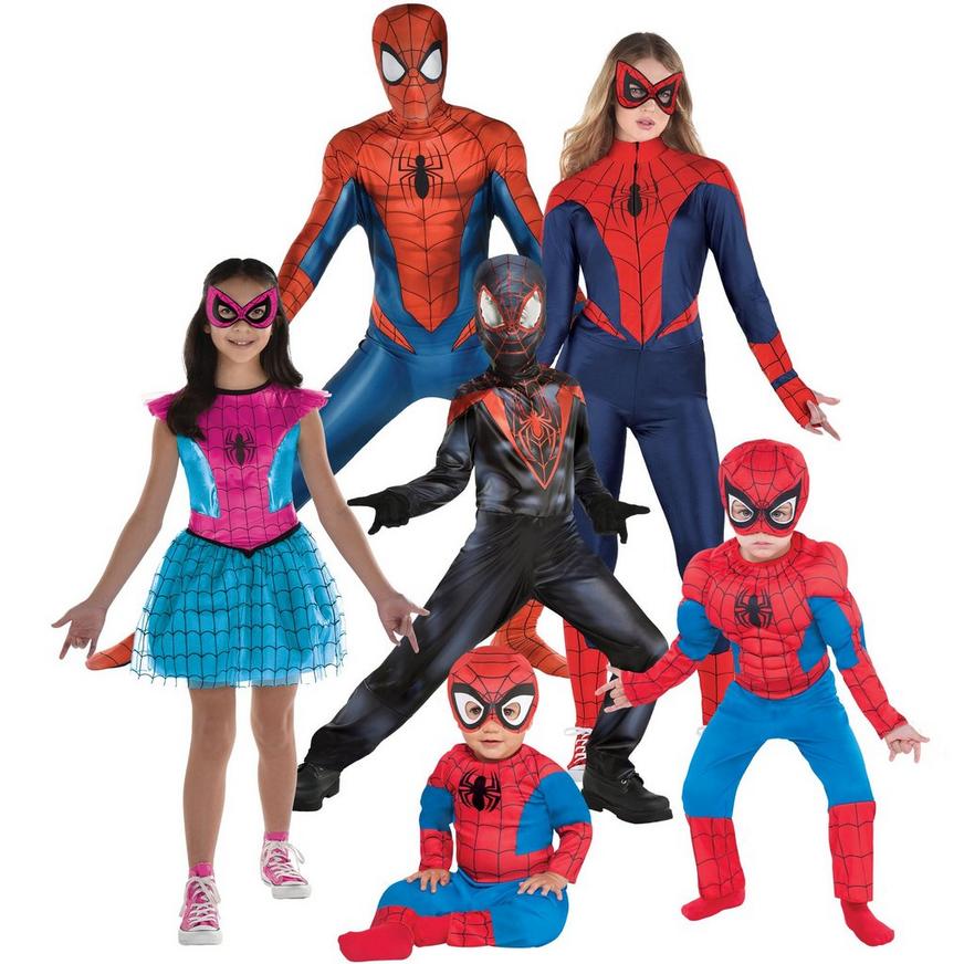 Family of six dressed in various spiderman outfits