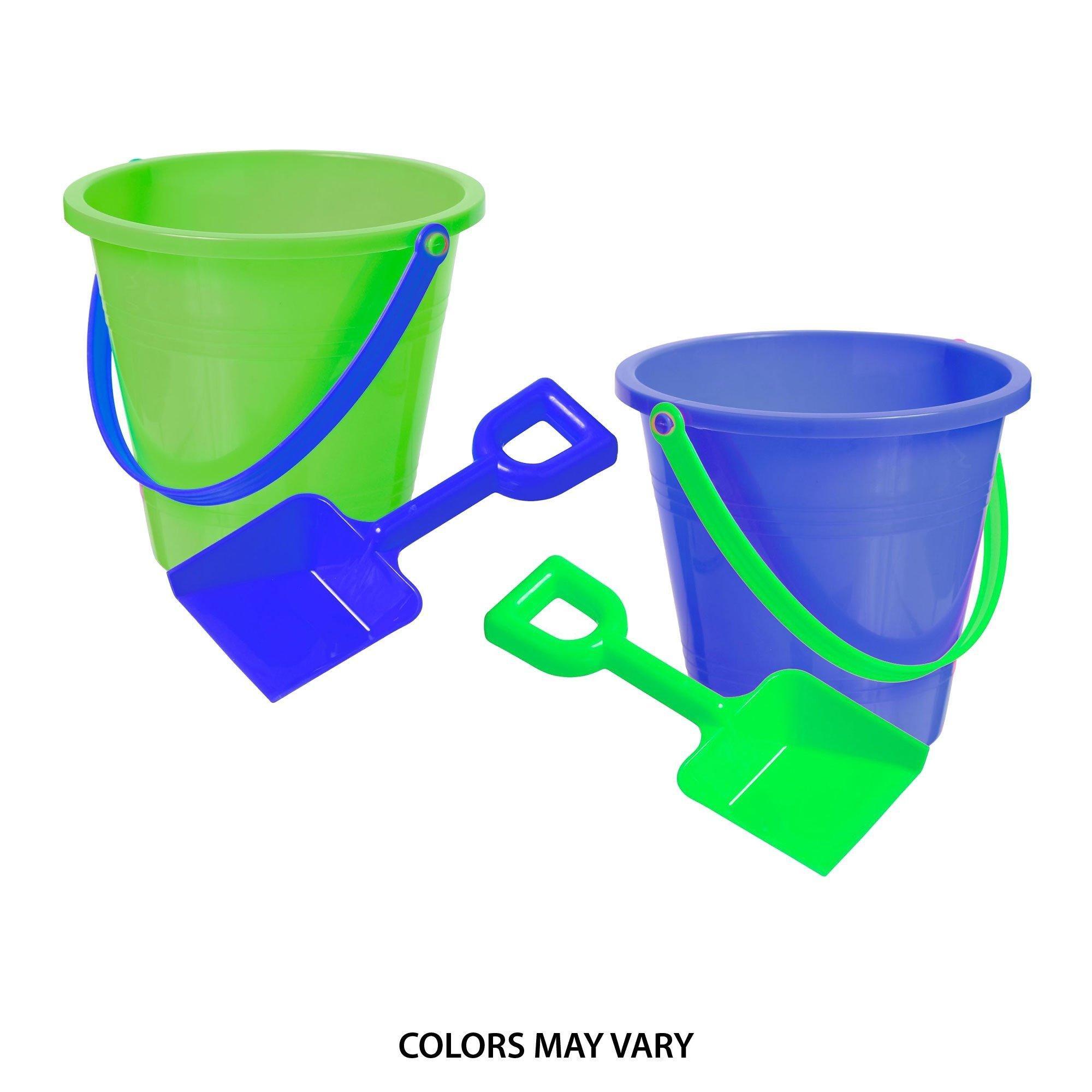 four colorful plastic buckets with handles on a dark background