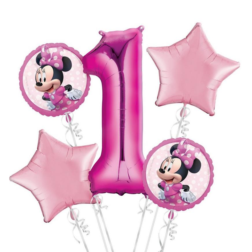 black warm remark Minnie Mouse 1st Birthday Balloon Bouquet 5pc | Party City