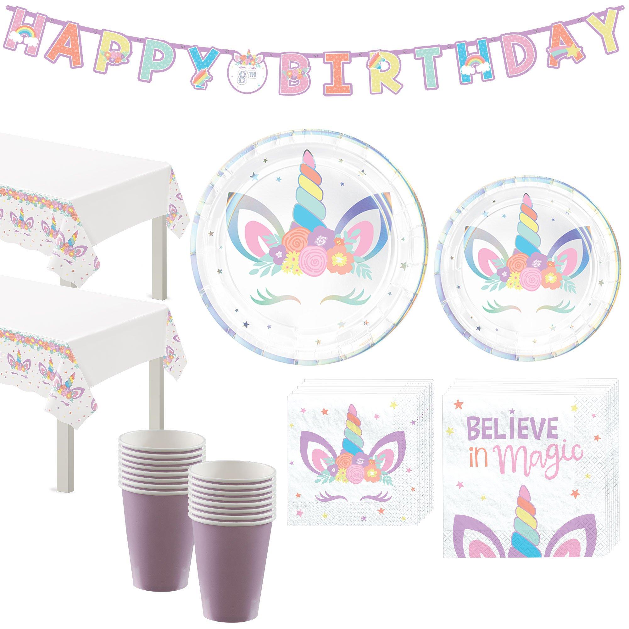 Partyville Unicorn Party Decorations Complete Tableware Kit with Plates Cutlery Cups for 16, Cute Unicorn Birthday Decorations for Girls with F