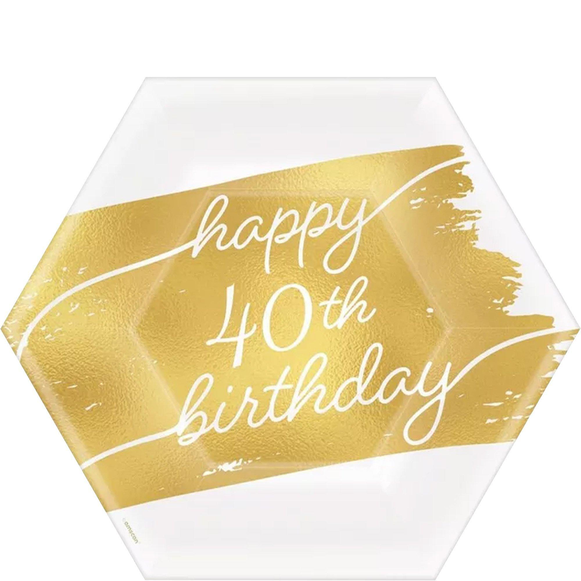 Metallic Golden Age Happy Birthday Hexagonal Paper Dessert Plate, 7in, 8ct