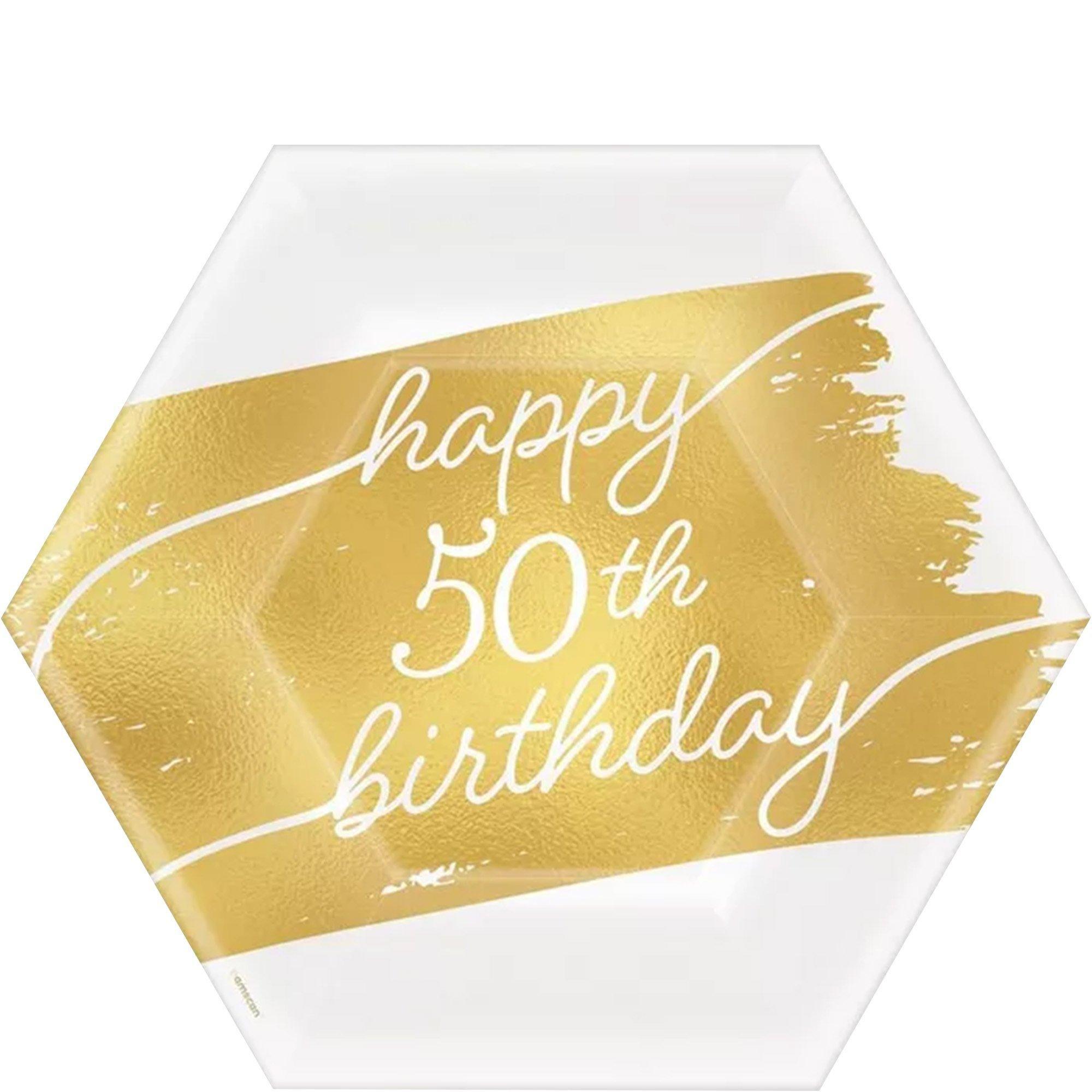 Metallic Golden Age Happy Birthday Hexagonal Paper Dessert Plate, 7in, 8ct