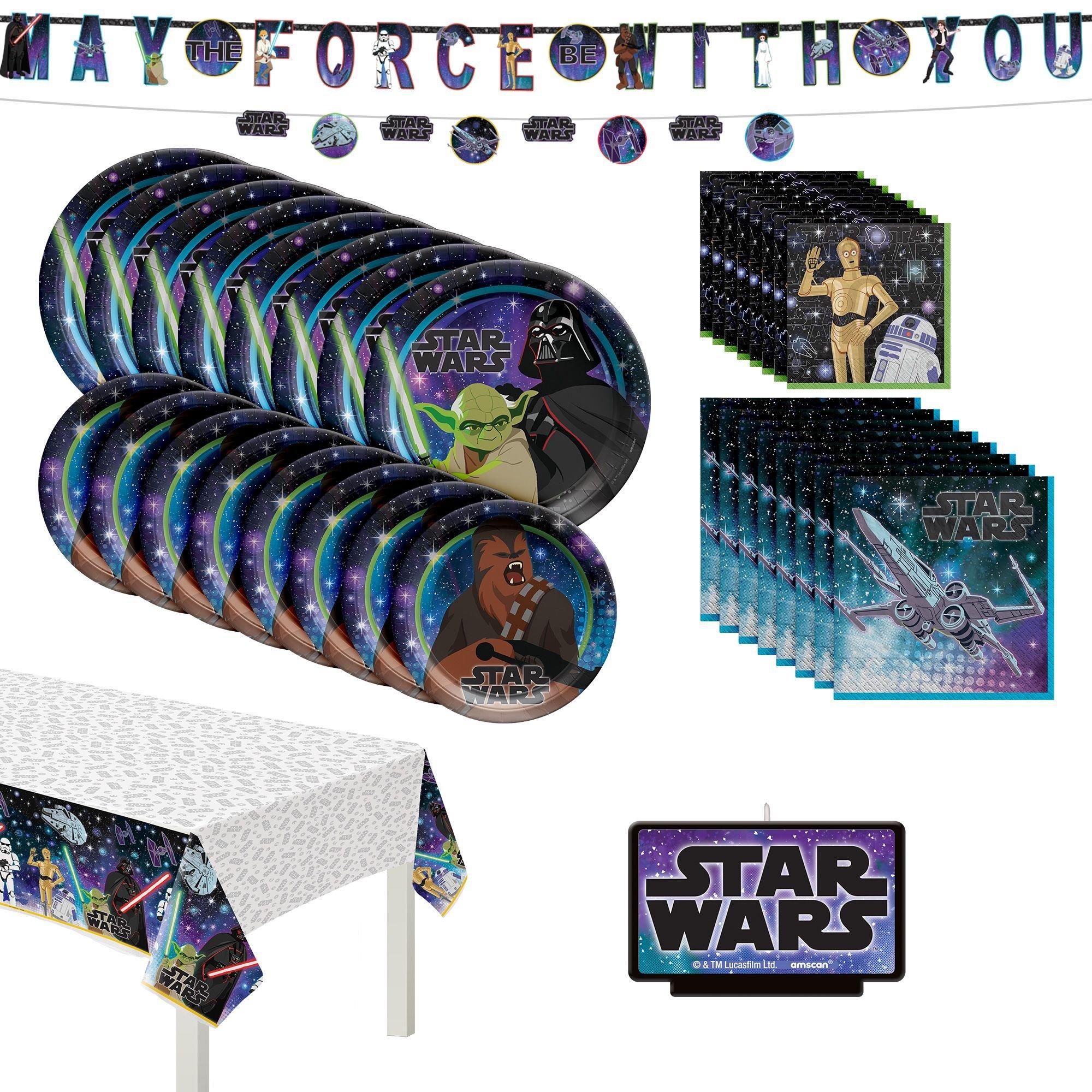 Star Wars Galaxy of Adventures Birthday Party Supplies Pack for 8 Guests - Kit Includes Plates, Napkins, Table Cover, Banner Decorations & Candle