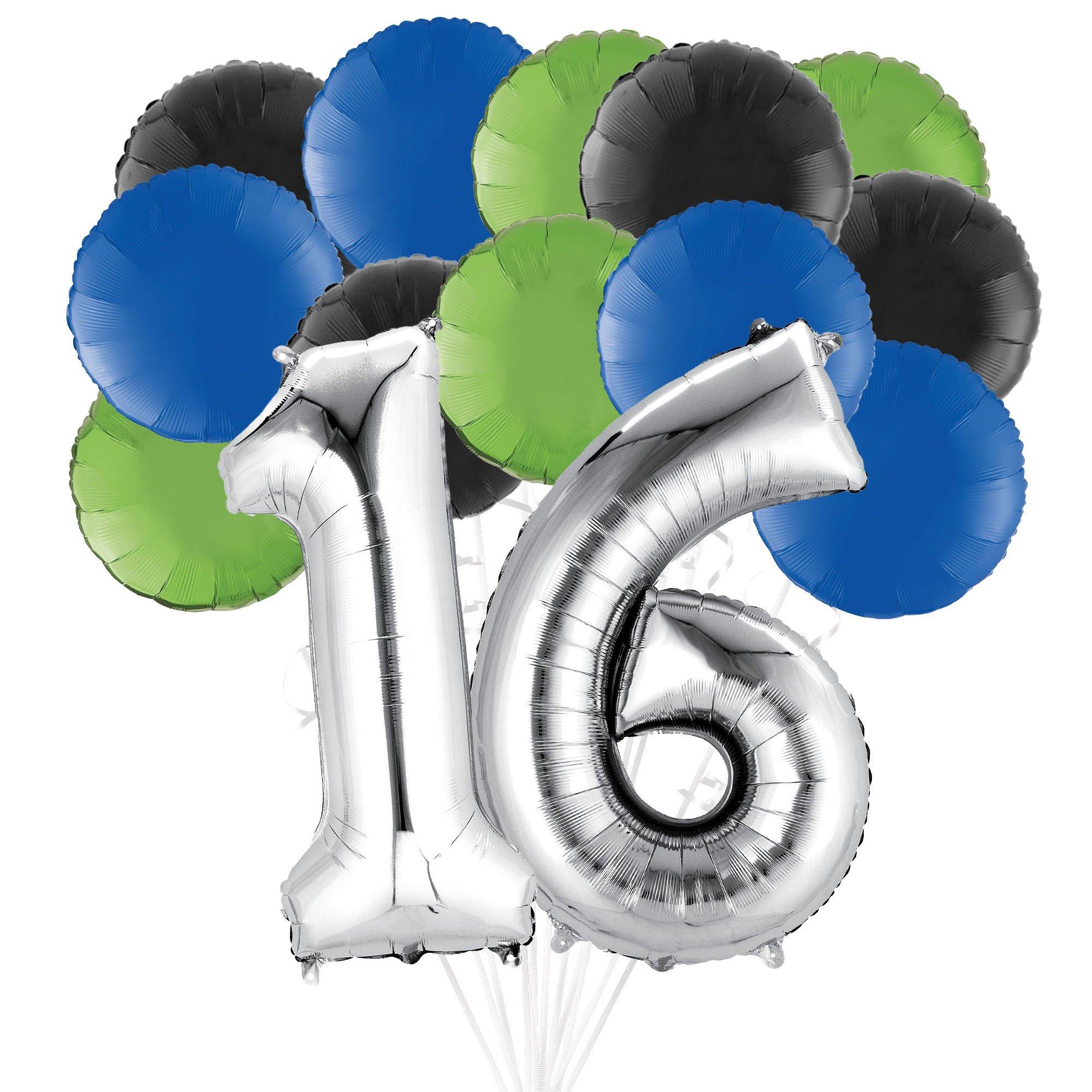 Silver Blue, Green, & Black Round Foil Balloon Bouquet, 14pc