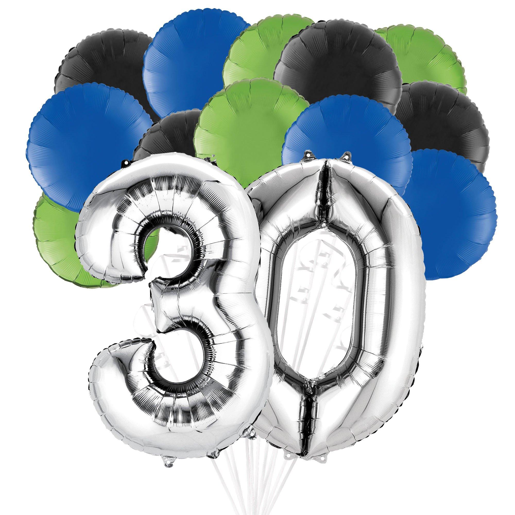 Silver Blue, Green, & Black Round Foil Balloon Bouquet, 14pc