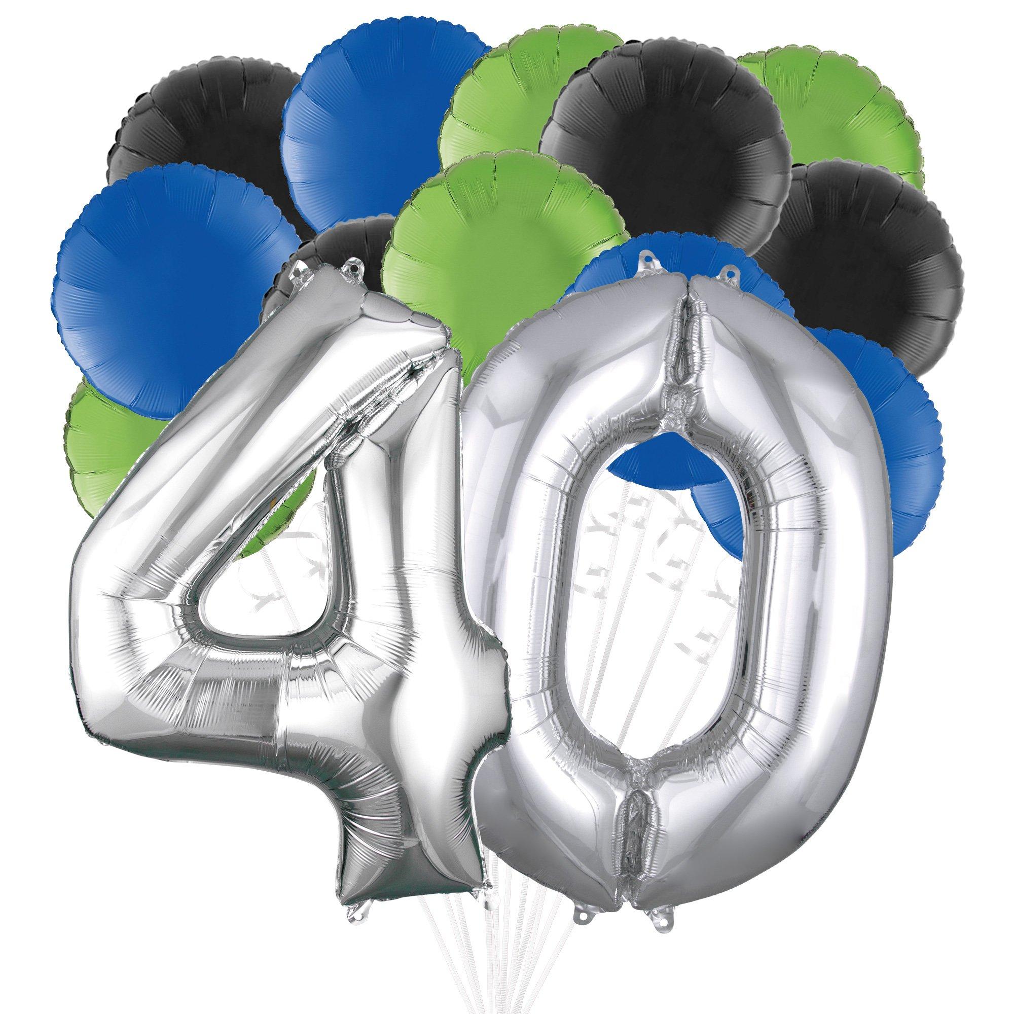 Silver Blue, Green, & Black Round Foil Balloon Bouquet, 14pc