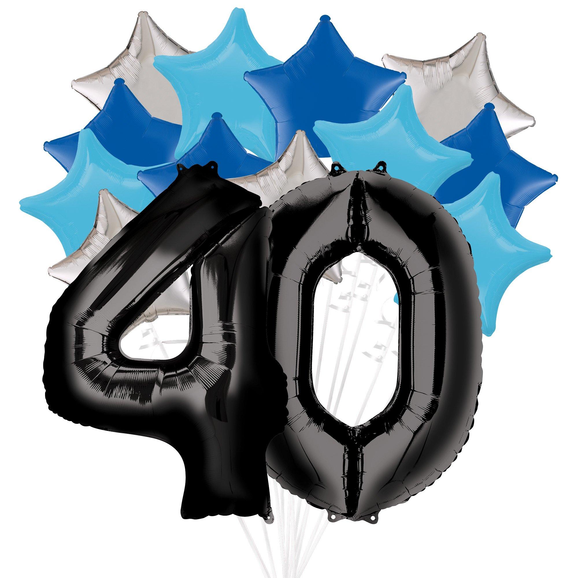 Black, Caribbean Blue, Silver, & Blue Star Foil Balloon Bouquet, 14pc