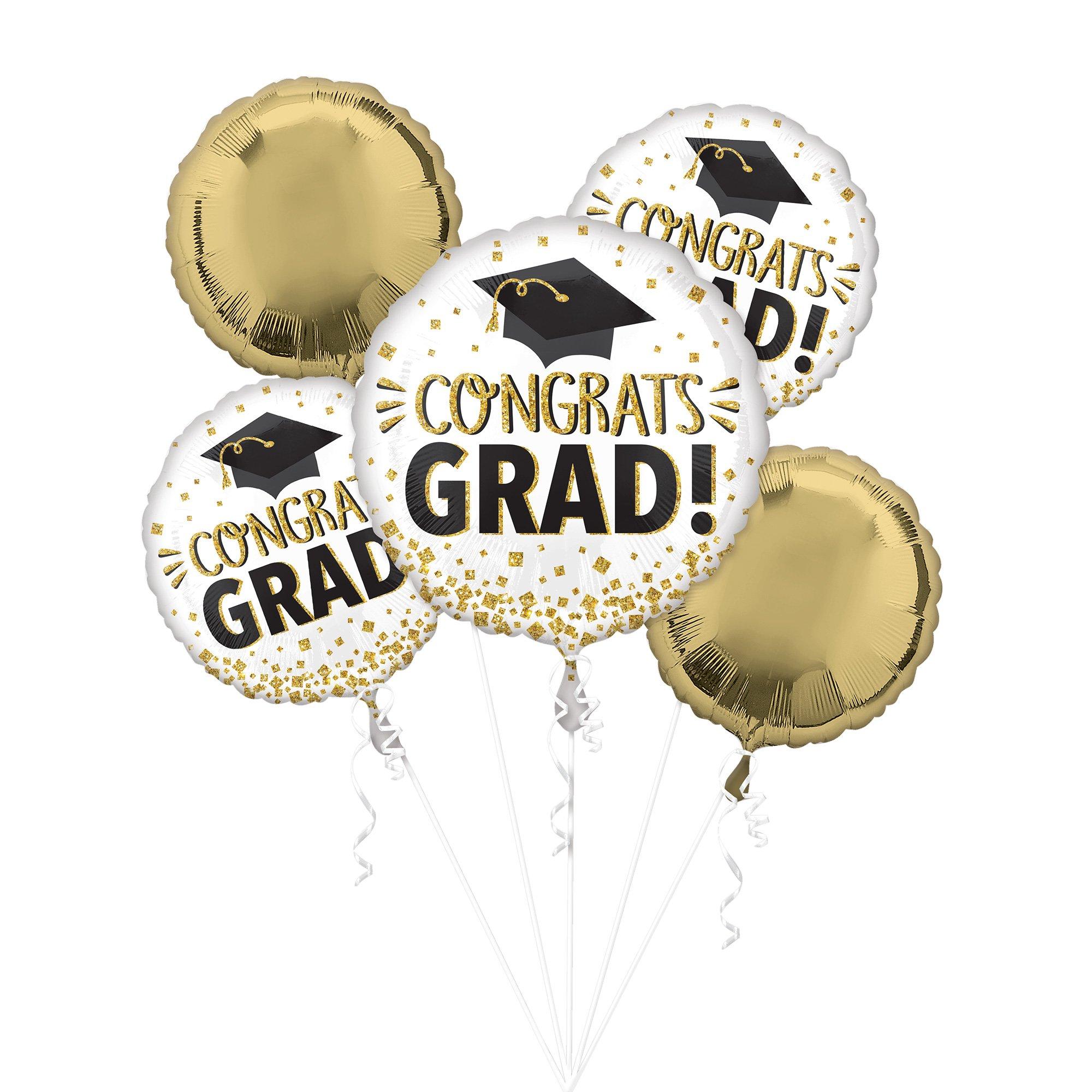 Gold Glitter Congrats Grad Foil Balloon Bouquet, 5pc
