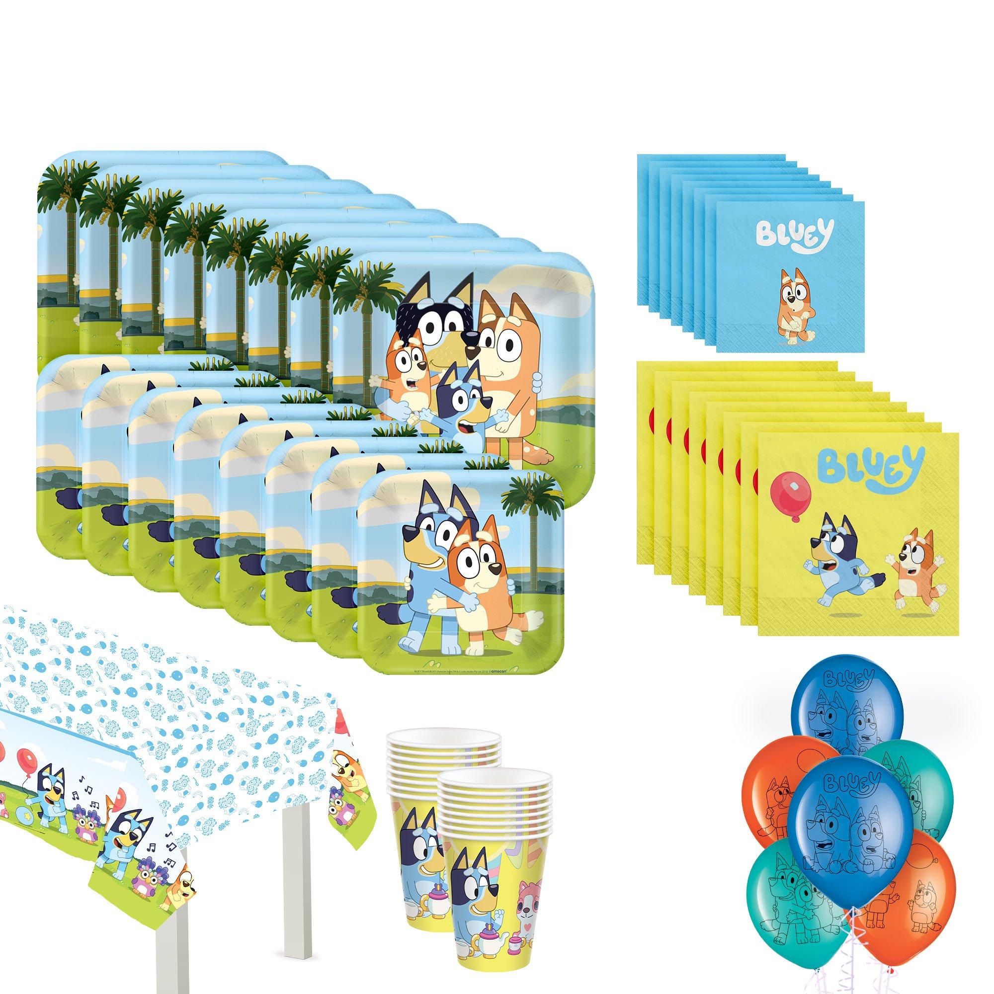 Bluey Party Supplies Pack Serves 16: 7 Dessert Plates Beverage Napkins  Cups and Table Cover with Birthday Candles (Bundle for 16) Multicolor