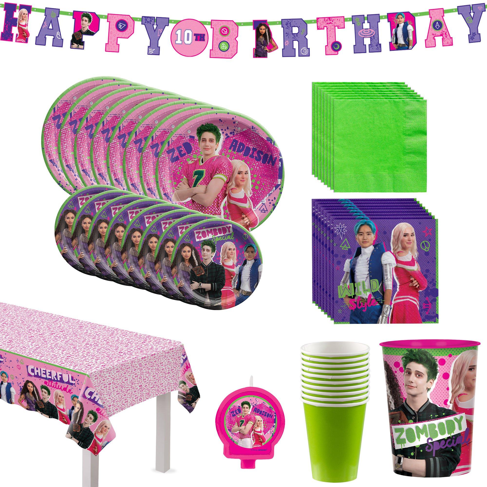 Disney Zombies 3 Party Supplies Pack Serves 16: 9 Plates Luncheon Napkins  Cups and Table Cover with Birthday Candles (Bundle for 16)