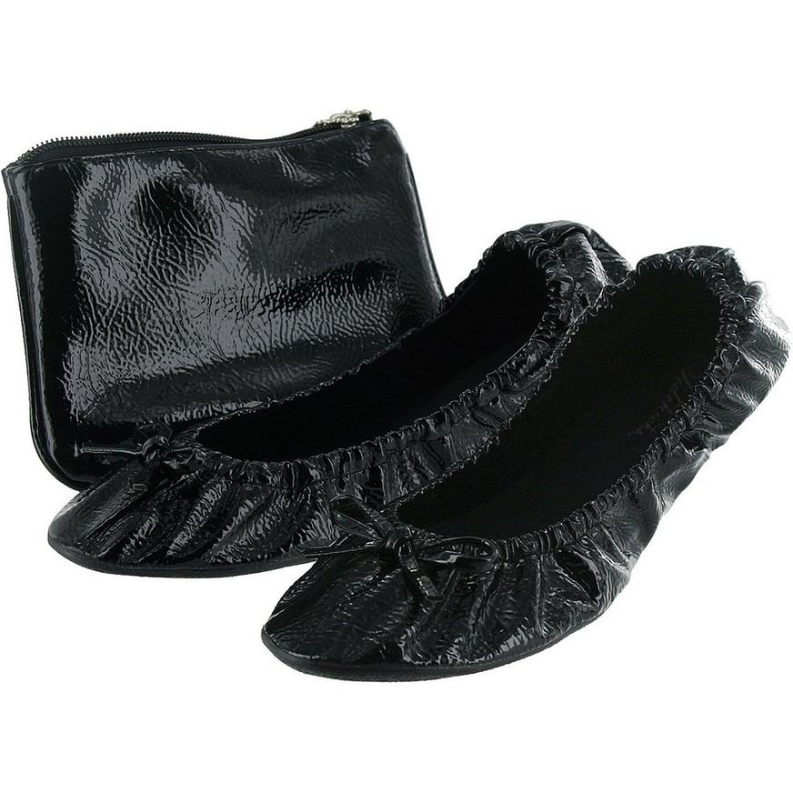 Black Patent Womens Sidekicks Foldable Flats with Carrying Case 