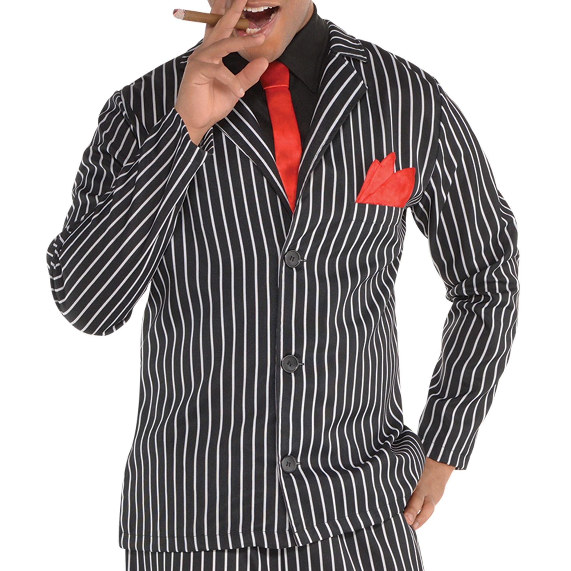 party costume of a 1920s gangster, black and white pinstripe trousers, and  matching vest, black shirt …