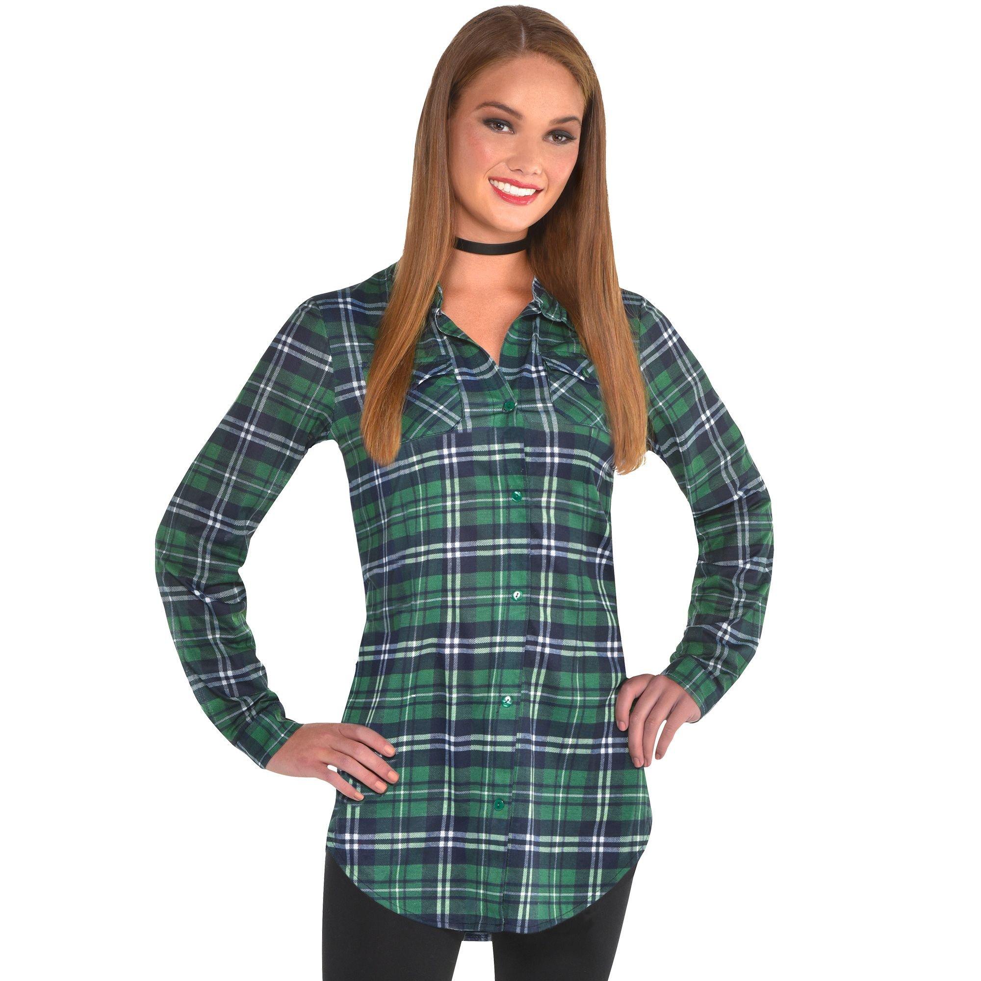 Womens Green Plaid Long-Sleeve Shirt