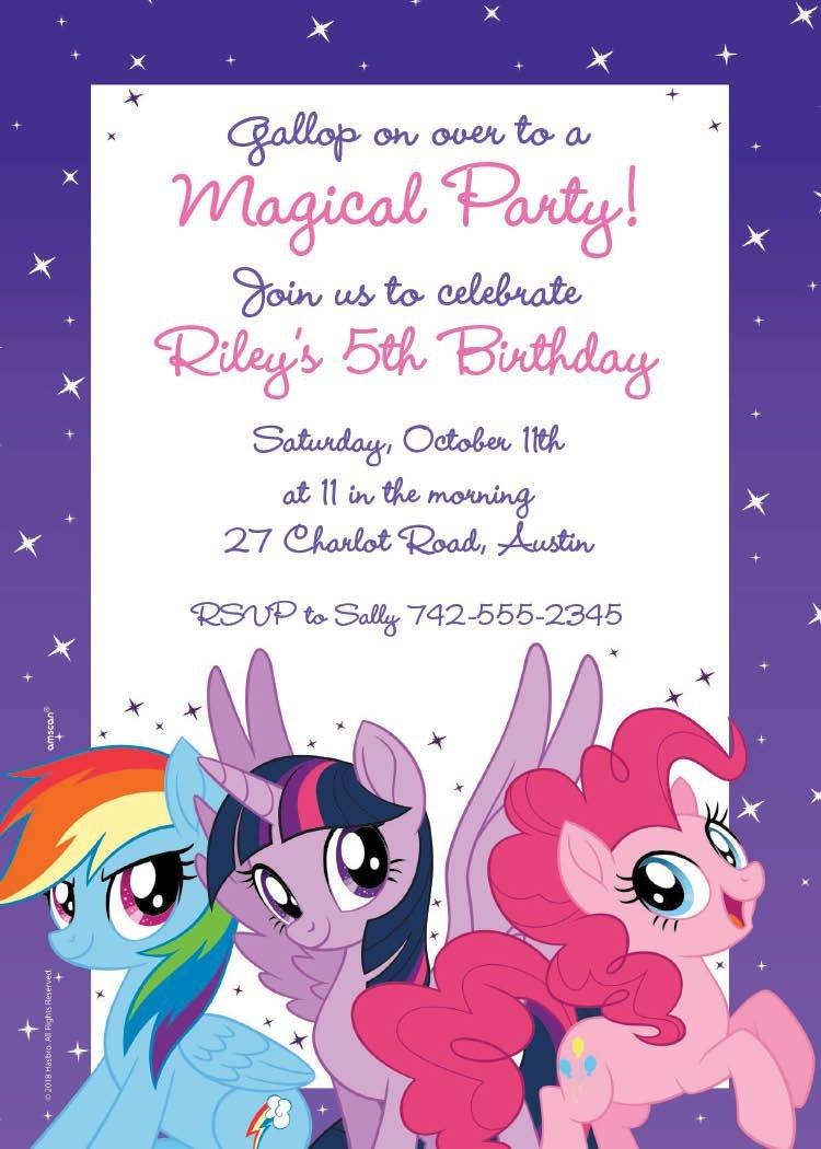 Personalised My Little Pony Girl Brithday Party Invitations Magical Purple