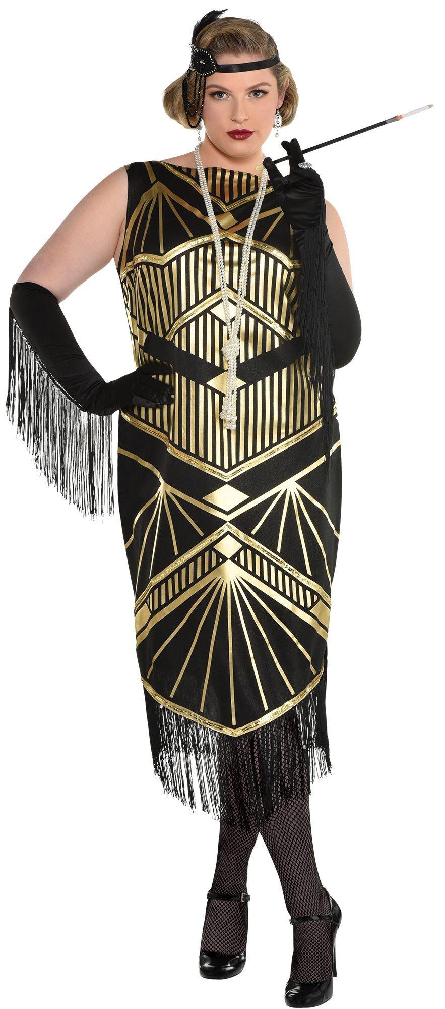 Adult Roaring 20s Gold Art Deco Flapper Costume Plus Size